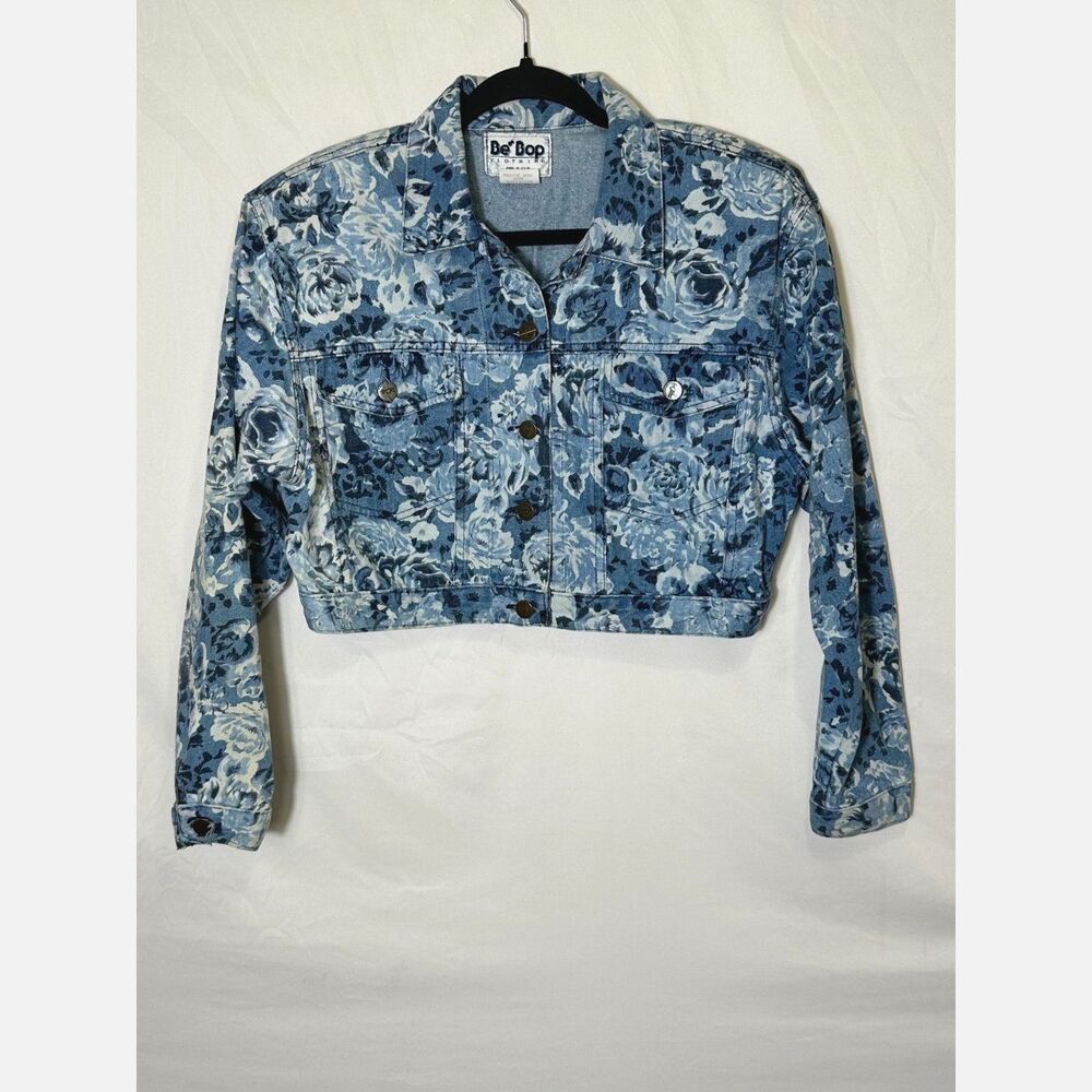 Be Bop Vintage Women's Cropped Denim Jacket SZ L With Rose Pattern Shoulder Pads